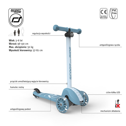 SCOOTANDRIDE Highwaykick 3S Hulajnoga z systemem sterowania 2w1 i kółkami LED składana 3+ Steel
