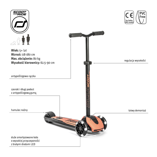 SCOOTANDRIDE Highwaykick 5 LED Hulajnoga trójkołowa balansowa ze świecącymi kółkami 5+ Peach